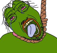 animal bloodshot_eyes crying frog glasses green green_skin hair hanging mustache open_mouth pepe rope soyjak stubble suicide tongue variant:bernd yellow_teeth // 768x719 // 291.0KB