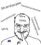 balding bloodshot_eyes closed_mouth discord finger groomer hair hand smile soyjak teeth text variant:unknown // 1300x1411 // 164.8KB