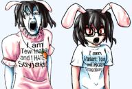 anime carrot clothes crossdressing dress female glasses hair inaba_tewi marker open_mouth rabbit rabbit_ears red_eyes text touhou transparent_background tshirt variant:tewi video_game white_skin // 828x562 // 68.1KB