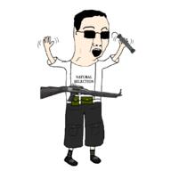 clothes columbine eric_harris excited glasses gun hair hand hands_up open_mouth pipe_bomb shotgun soyjak sunglasses text variant:chudjak white_skin // 1080x1080 // 154.0KB