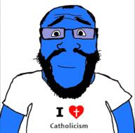 arm beard blue blue_skin calm catholic catholicism christian_cross christian_identity christianity closed_mouth clothes glasses heart i_love soyjak subvariant:science_lover tshirt variant:markiplier_soyjak // 657x643 // 92.8KB