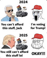 2soyjaks blond calarts car coffee crying donald_trump glasses grin ice_cream joe_biden maga maga_hat politics united_states variant:soyak wig // 1027x1269 // 506.4KB