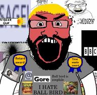 2024 ai_generated angry award awards ball_bird balls bbc beard bird clothes glasses gore gun hate nate nigger open_mouth red_skin retard sage science soyjak spam subvariant:science_lover tshirt variant:feraljak variant:markiplier_soyjak yellow_hair zoophile // 800x789 // 87.7KB