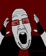 clothes fingerless_glove glasses glove grey_skin hand hands_up meta:namefags name open_mouth quickslaughter_(namefag) red_background red_glasses sharp_teeth soy stubble teeth text variant:ppp // 1000x1233 // 31.4KB