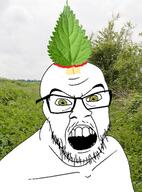 angry bloodshot_eyes glasses green_skin herb irl_background mustache nettle open_mouth plant soyjak stubble variant:feraljak // 384x520 // 261.1KB