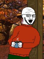 arm autumn clothes coffee crazed cup glasses hand holding_object irl_background open_mouth soyjak stubble subvariant:soyak_(crazed) sweater tree variant:soyak // 796x1060 // 838.6KB