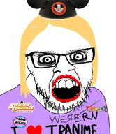 anime badge clothes crazed disney eyelashes flag glasses hair hat i_love logo makeup mickey_mouse mustache open_mouth rainbow soyjak steven_universe stubble tranny variant:feraljak yellow_hair // 609x704 // 85.9KB