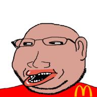 amerimutt brown_skin clothes ear lips mcdonalds mutt open_mouth red_shirt soyjak stubble subvariant:massjak subvariant:wholesome_soyjak variant:gapejak // 600x600 // 13.3KB