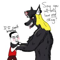 arm blond blushing choking clothes female full_body fur furry hair hand hat holding_object nazism open_mouth size_difference swastika talking text variant:chudjak werewolf // 800x800 // 61.8KB