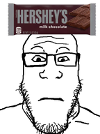 candy chocolate chocolate_bar glasses hersheys looking_at_you object_on_head stubble subvariant:neutralplier variant:markiplier_soyjak white_background // 600x800 // 103.8KB