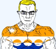 arm banffshire blue_eyes british buff closed_mouth clothes ear flag flag:banffshire glasses hair scotland soyjak star_(symbol) subvariant:chudjak_front subvariant:muscular_chud sun transparent transparent_background trend:aryan tshirt united_kingdom variant:chudjak vein yellow_hair // 1059x929 // 73.2KB