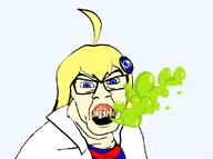 angry bad_breath bad_teeth blue_eyes clothes female gas_cloud glasses knowyourmeme kym_tan open_mouth ornament soyjak subvariant:female_feraljak variant:feraljak white_skin yellow_hair yellow_teeth // 830x619 // 122.4KB