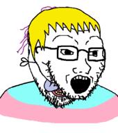 clothes flag glasses hair mask nate open_mouth purple_hair soyjak soyjak_party stubble tongue tranny transgender_flag variant:bernd variant:soyak yellow_hair yellow_teeth // 434x491 // 834.3KB