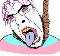 anhero bloodshot_eyes crying dead flag glasses hair hanging makeup open_mouth purple_hair rope soyjak stubble suicide tongue tranny variant:cobson yellow_teeth // 768x719 // 41.5KB