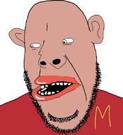 amerimutt brown_skin clothes ear lips mcdonalds mutt open_mouth red_shirt soyjak stubble teeth variant:cobson // 775x849 // 101.6KB