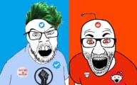 3soyjaks angry antenna arm badge black_lives_matter blue_background blue_shirt clothes glasses green_hair hair open_mouth orange_background raised_fist_(symbol) red_eyes red_shirt reddit redditard soyjak stubble tshirt twitter twitter_checkmark variant:el_perro_rabioso variant:feraljak variant:snoojak // 1162x726 // 286.8KB