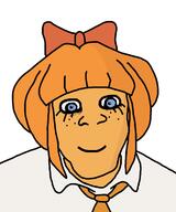 blue_eyes cartoon clothes eyelashes female hair mymy ongezellig orange_hair orange_skin smile soyjak subvariant:female_feraljak variant:feraljak // 1000x1200 // 49.0KB