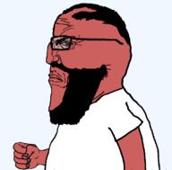 angry arm balding beard fist glasses hand punisher_face red_skin side_profile soyjak subvariant:science_lover subvariant:sideplier variant:markiplier_soyjak white_shirt // 800x789 // 20.0KB