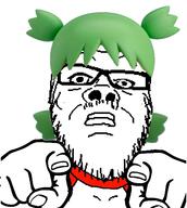 4chan anime closed_mouth clothes female glasses green_hair hair hand looking_at_you mustache pointing pointing_at_viewer soyjak stubble variant:a24_slowburn_soyjak yotsoyba // 459x512 // 83.2KB