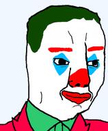 black_eyes blue_mascara closed_mouth clothes clown green_hair green_tie joker_(2019) joker_(dc) keikeskolchakreichen makeup red_nose red_suit smiling_face suit suit_and_tie variant:chudjak white_face_paint // 401x488 // 58.0KB
