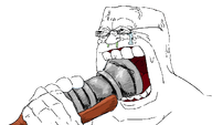 barbarian booger cracked_teeth crying eyebags glasses gun holding_object open_mouth sweating teeth tongue variant:sadbarian vein weapon // 1199x704 // 187.4KB