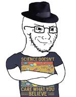 arm atheism bald closed_mouth clothes crossed_arms fedora glasses hat science smile smug soyjak stubble subvariant:soyak_(smug) text tshirt variant:soyak white_background // 564x720 // 154.6KB