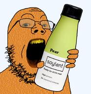 annoying_orange annoying_orange_is_vantablack_tranny_goyslop_from_niggerhell arm blue_eyes food fruit glasses hand holding_object open_mouth orange pear series:fruiterz! soy soy_milk soyjak soylent soylent_(pear) stubble variant:gapejak yellow_teeth // 874x900 // 960.9KB