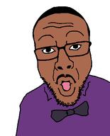 bowtie clothes ear eyebrows glasses hair mustache open_mouth purple_shirt soyjak stubble suit tongue variant:blakjak // 375x465 // 7.8KB