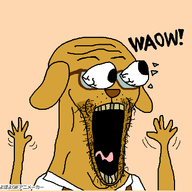 animal animated clothes dog ear eyes_popping glasses hand hands_up janny open_mouth orange_background poyopoyo pyokopyoko snout soyjak stubble subvariant:waow suspenders text tongue variant:soyak waow yellow_skin yellow_teeth // 400x369 // 258.8KB