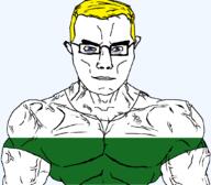 arm blue_eyes buff closed_mouth clothes flag flag:saxony germany glasses hair saxony soyjak subvariant:chudjak_front subvariant:muscular_chud transparent transparent_background tshirt variant:chudjak vein yellow_hair // 1059x929 // 35.9KB