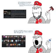 4chan angry arm badge ban ban_hammer catalog clothes cultural_phenomenon glasses hammer hand holding_hammer holding_object i_am_abib irc janny mario necktie nintendo open_mouth push_pin screenshot soyjak sticky stubble text thread v_(4chan) variant:gapejak video_game // 4190x3914 // 3.4MB