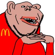 amerimutt black_sclera brown_skin clothes dean ear frog groyper lips mcdonalds mutt open_mouth pepe red_shirt right_wing soyjak stubble subvariant:impish_amerimutt united_states variant:impish_soyak_ears // 600x600 // 22.1KB