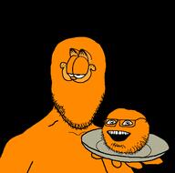 2soyjaks annoying_orange arm closed_mouth garfield glasses hand holding_object holding_plate open_mouth orange orange_skin smile soyjak stubble variant:oranjak variant:platejak // 1366x1350 // 110.4KB