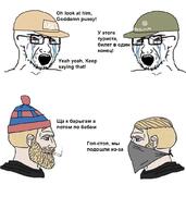 2soyjaks bloodshot_eyes cap clothes crying cyrillic_text escape_from_tarkov glasses hat nordic_chad open_mouth russia soyjak stubble variant:soyak video_game // 910x1020 // 164.7KB