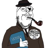 arm badge book clothes eyepatch glasses hand hat heart holding_book holding_object james_joyce pipe round_glasses smoking smug soyjak stubble suit suit_and_tie ulysses variant:gapejak // 1315x1315 // 294.9KB