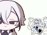 animated anime arlecchino blood blood_spray bouncing clothes death female genshin_impact glasses gore hair hand hands_up murder mutilation neuvillette open_mouth scythe stubble teeth variant:markiplier_soyjak weapon // 888x660 // 685.1KB