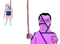 2soyjaks affinity_photo arm bloodshot_eyes closed_mouth crying flag full_body glasses hand hanging holding_object holding_rope leg lynching neovagina open_mouth photoshop pointing pointing_at_viewer rope smile smug soyjak stubble subvariant:chuddy technology tongue tranny variant:bernd variant:chudjak yellow_teeth // 1586x1178 // 307.2KB