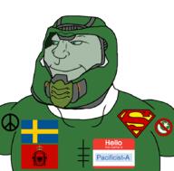 Doomguy Pacificist-A(user) albania anti_islamic doom flag helmet name_tag pacifist self_insert soybooru subvariant:mexiaryan superman sweden variant:meximutt // 886x872 // 93.1KB