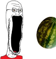 animated clothes eating glasses open_mouth smile soyjak stretched_mouth stubble subvariant:soyak_soymilk variant:soyak watermelon // 805x851 // 957.2KB