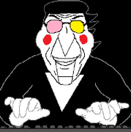 black_background blush deltarune deltatroon eyebrows finger forehead_lines glasses hair hand kike_nose makeup nose smile spamton teeth typing variant:bernd video_game white_skin wrinkles // 595x600 // 8.9KB