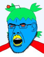 4chan 4cuck anime antenna beak blue_skin ear glasses green_hair hair open_mouth orange_eyes red_shirt reddit soyjak stubble subvariant:narge transparent_background twitter variant:cobson yotsoyba // 760x980 // 191.9KB