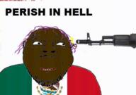ack ak-47 blood bloodshot_eyes chud_(boorufag) chud_(soybooru) coat_of_arms dead death eagle flag:mexico flash gun gunshot hell lipstick meta:op_took_a_selfie_of_xerself mexico pink_hair rope teeth variant:bernd // 1540x1080 // 969.2KB
