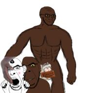 3soyjaks anime arm bbc black_skin buff censored closed_mouth full_body glasses hand nsfw open_mouth queen_of_spades sign smirk smug soyjak stubble text variant:cobson variant:soyak // 2224x2264 // 870.2KB