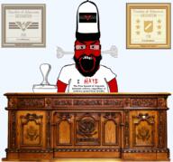 angry balding beard cap clothes desk fume glasses hair hat i_hate open_mouth papers_please red_skin soyjak subvariant:science_lover tshirt variant:markiplier_soyjak video_game // 2250x2100 // 3.8MB