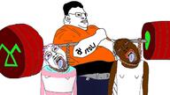 3soyjaks arm barbell black_skin bloat bloatlord bloodshot_eyes closed_mouth clothes crying fat fit_(4chan) flag glasses greece hair hand hanging kyriakos_grizzly mustache nazism open_mouth pol_(4chan) purple_hair rope soyjak stubble swastika text thrembo tongue tranny variant:bernd variant:chudjak weightlifting // 1280x720 // 363.9KB