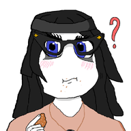 animated black_hair blinking blue_eyes blush closed_mouth clothes confused crumbs eating eyebrows female glasses hair hand holding_object long_hair looking_at_you meta:not_oc necklace question_mark text variant:soytan white_background white_skin woman // 600x600 // 111.4KB