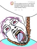 ack bloodshot_eyes comment crying flag:transgender_pride_flag rope speech_bubble suicide tongue tranny variant:bernd white_background white_skin yellow_teeth // 768x1024 // 346.0KB
