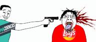2soyjaks arm blood chips chud closed_mouth eyelashes firearm food glasses gore gun hair hand holding_gun holding_object holding_pistol lays murder open_mouth pistol popcorners smile soyjak stubble tongue variant:bernd variant:chudjak weapon yellow_teeth // 1166x515 // 178.6KB