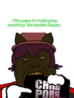 'p black_skin cat_ear clothes edit greentext hat holding_object jaundice jimbo_(namefag) meta:namefags namefag_drama namefags oneshot red_eyes shitpost trend:slopjak variant:alicia yellow_teeth // 600x799 // 114.9KB