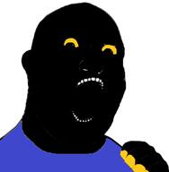 black_skin clothes ear hand merge open_mouth soyjak variant:gapejak variant:hot_sauce yellow_sclera // 345x352 // 20.3KB